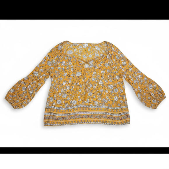 Old Navy Blouse Womens XL Yellow Floral Peasant Boho Tassel Long Sleeve Top - Picture 1 of 9